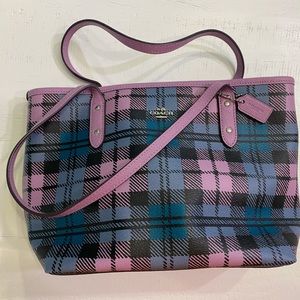 Coach shoulder bag, purple and blue plaid